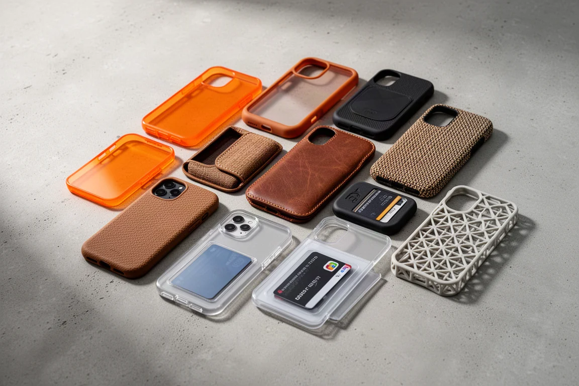 Ten different iPhone cases arranged on a concrete surface