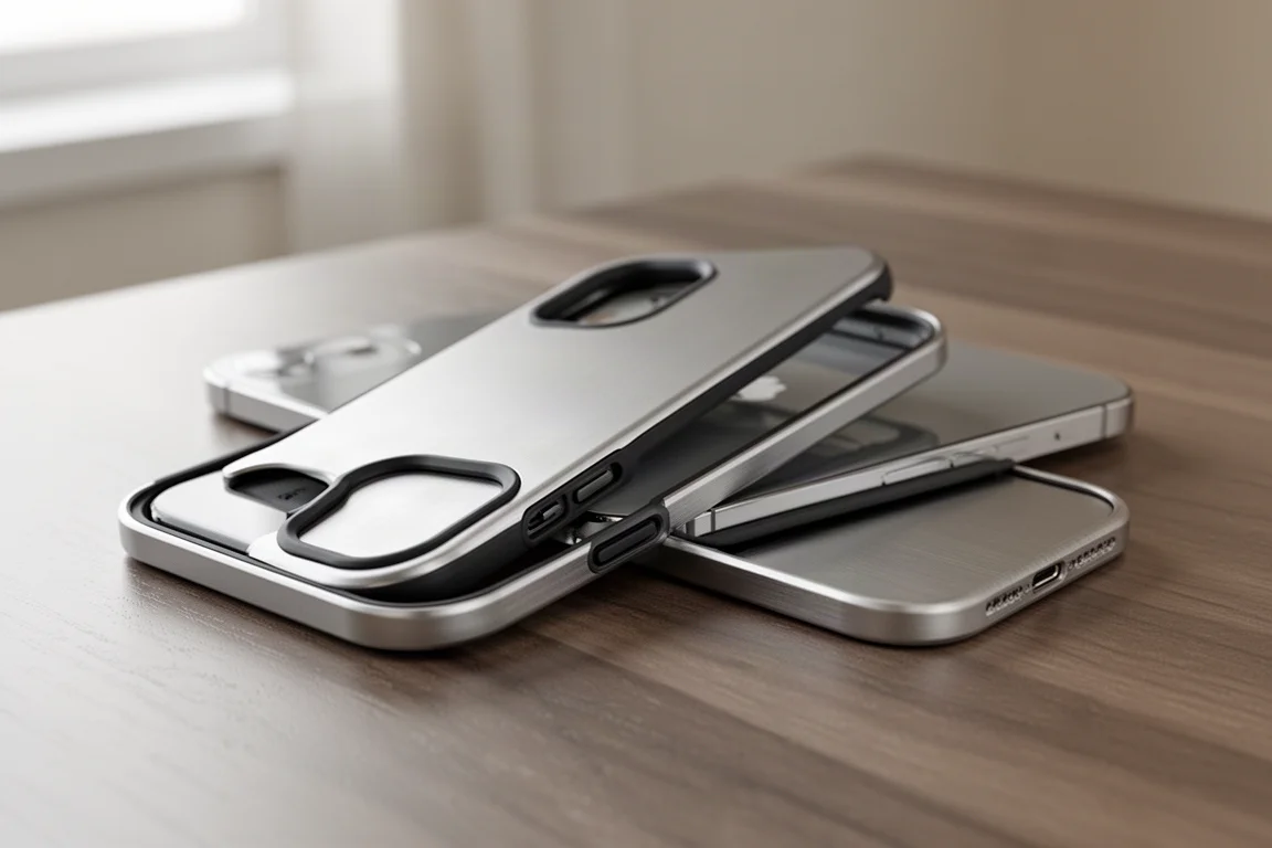 Coque d'iPhone en métal à deux pièces fine being installée sur un iPhone posé sur un bureau