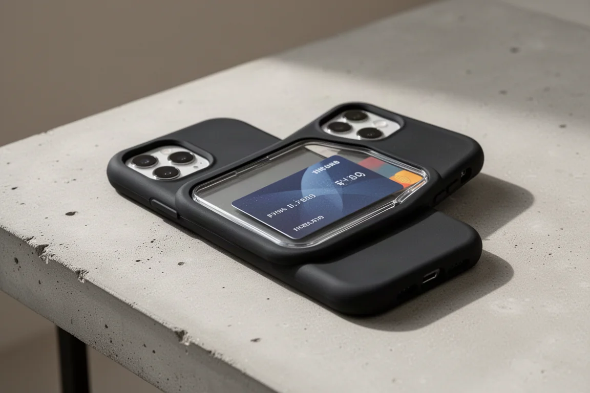 Coque d'iPhone avec une fenêtre en plastique transparent montrant une carte rangée à l'intérieur