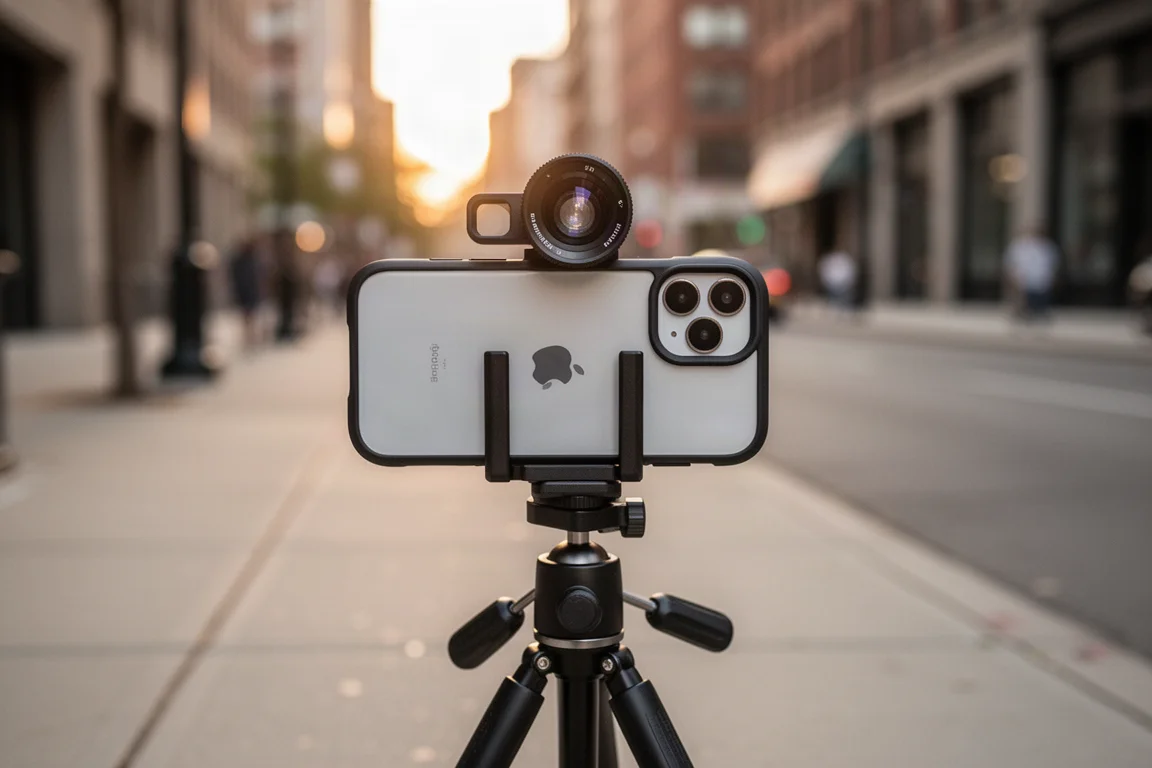 Coque caméra pour iPhone avec un objectif add-on monté, configurée pour le tournage mobile