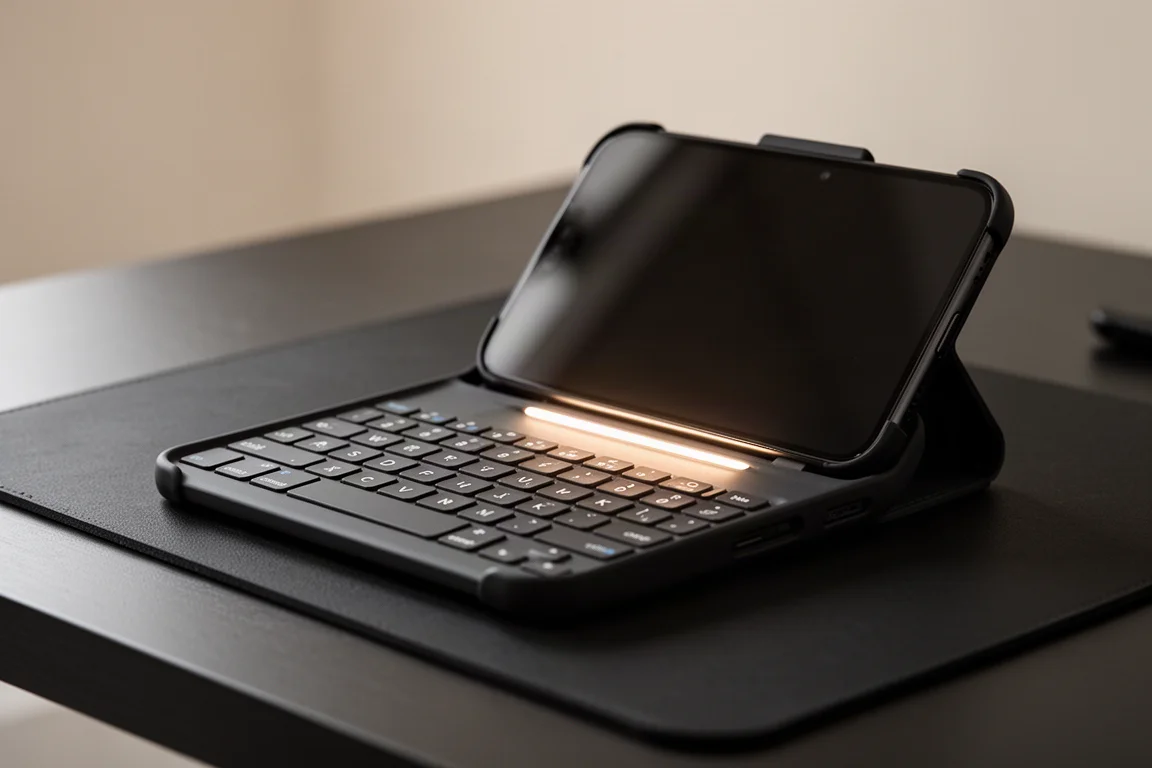 Coque clavier pour iPhone utilisée pour taper au clavier sur un bureau sombre