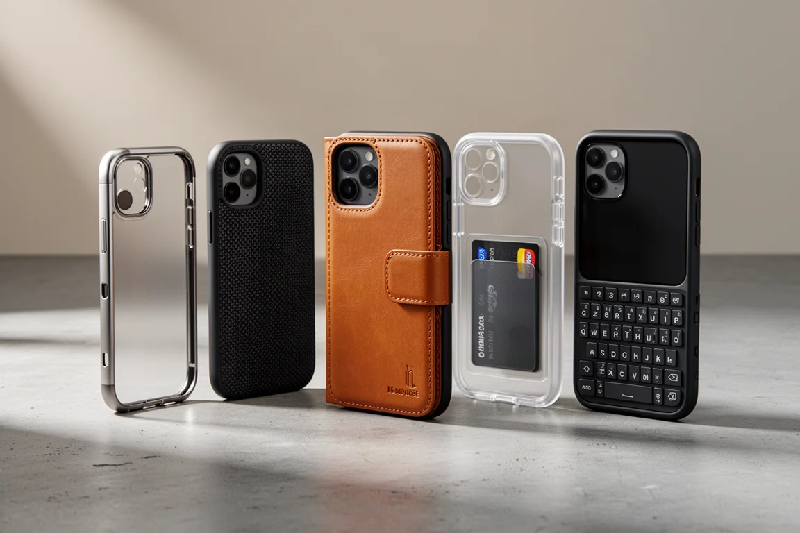 A row of varied iPhone cases including metal, textured, leather wallet, and keyboard styles on a concrete surface