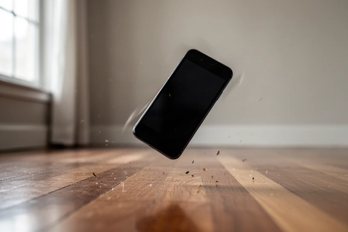 iPhone wird kurz vor dem Aufprall auf einem Holzfußboden in der Luft gefangen
