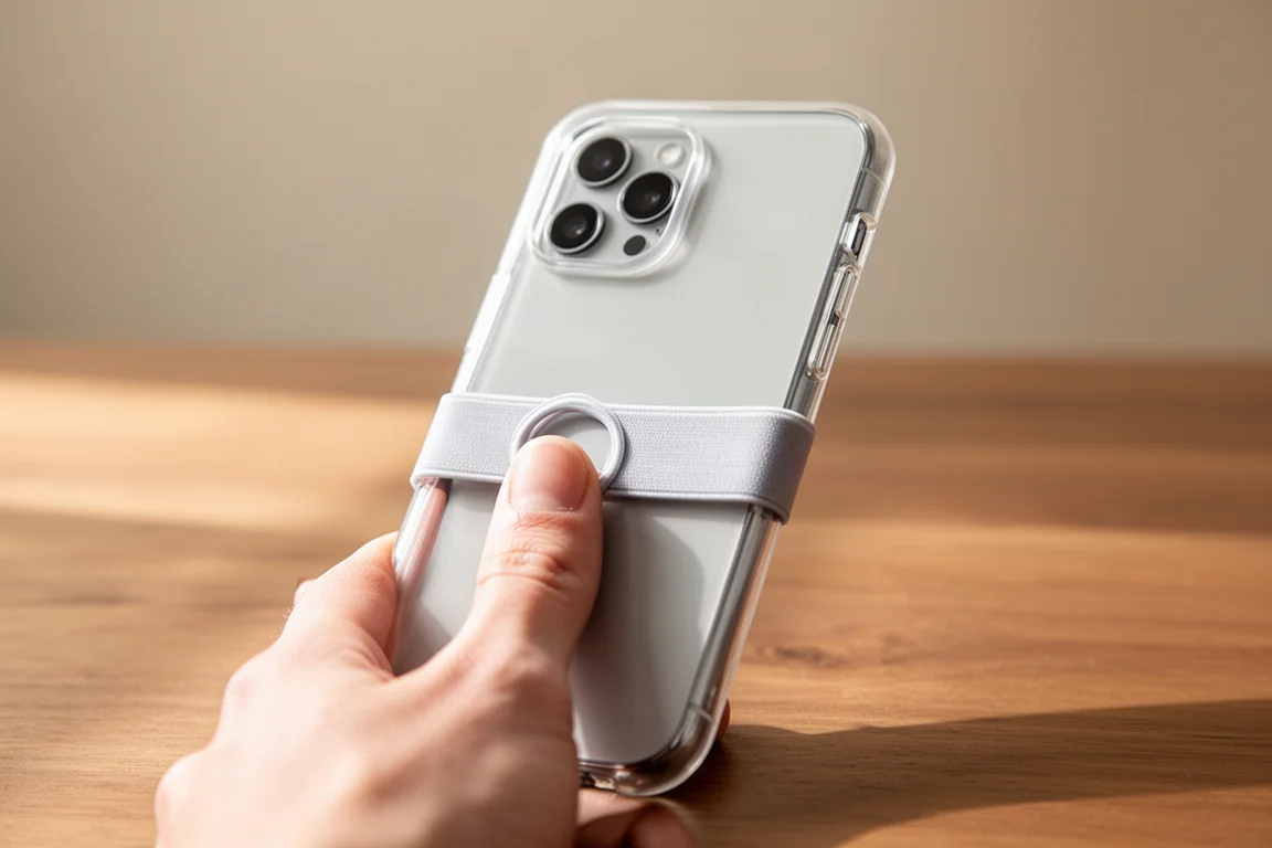 Transparente Klar-Hülle mit einem elastischen Band, das über die Rückseite eines iPhones gespannt ist