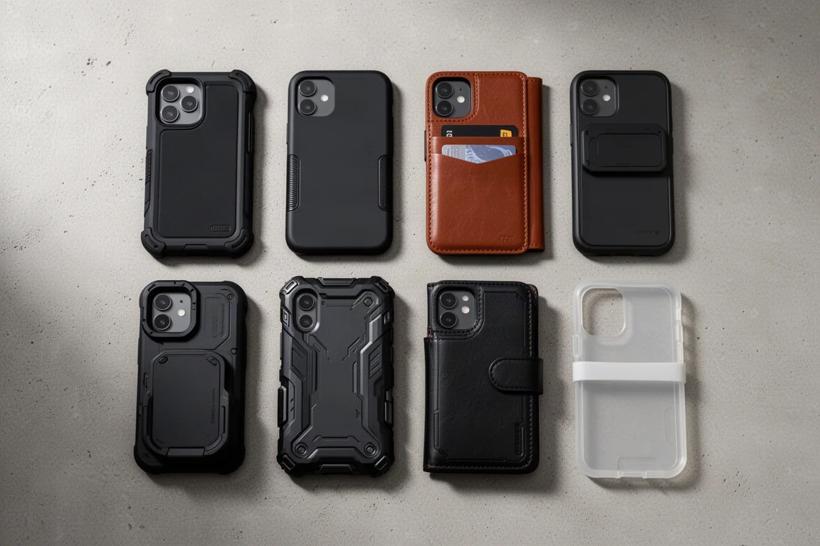 Eight different iPhone cases arranged in a grid on a concrete surface
