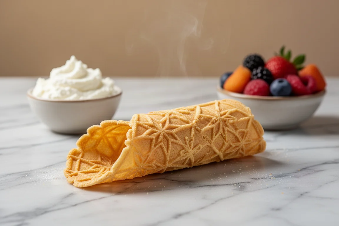 Goldgelbe Pizzelle-Waffel wird auf einer Küchenanrichte zu einer Hütchen gerollt