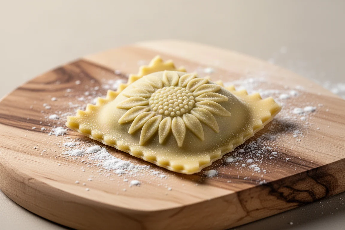 Frische Ravioli mit detailliertem Sonnenblumenabdruck auf einem Holzbrett