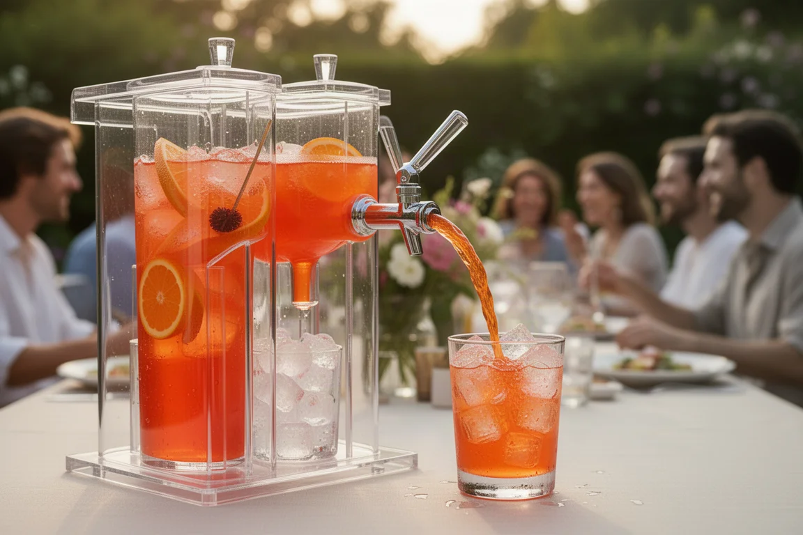 Aperol Spritz wird aus einem Dreikammer-Spender in ein mit Eis gefülltes Glas gegossen