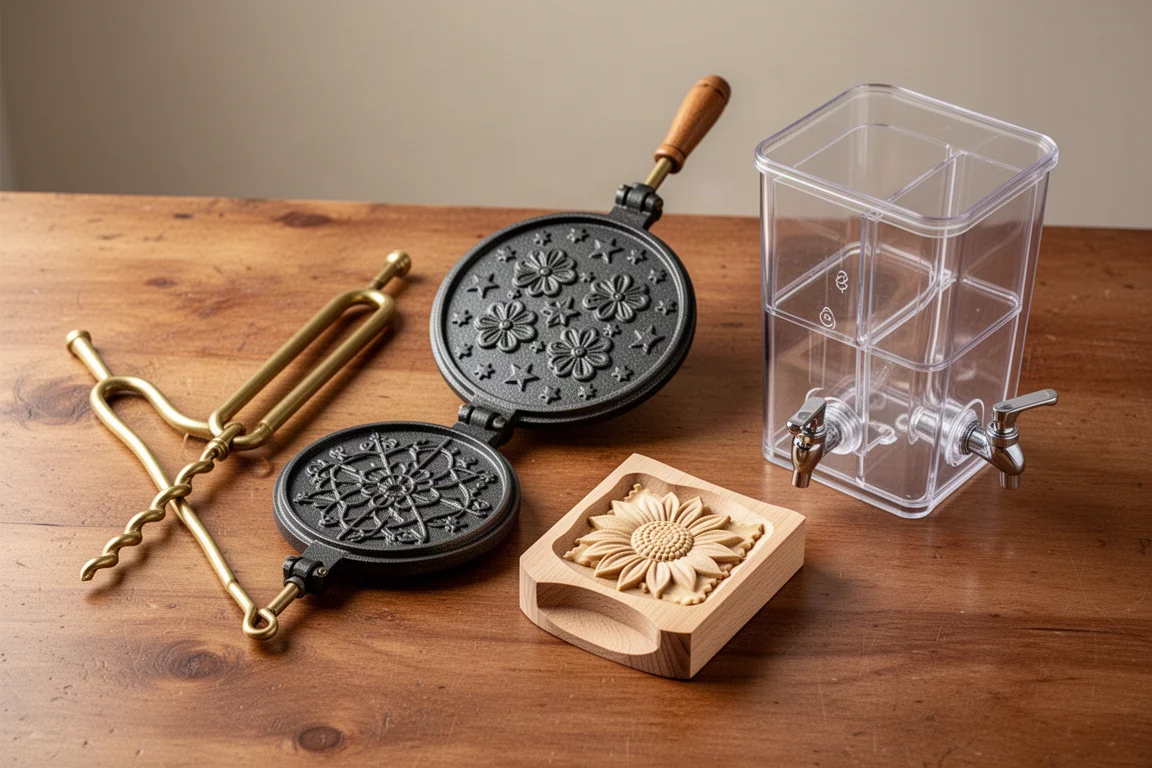 Four traditional Italian kitchen gadgets arranged on a wooden table