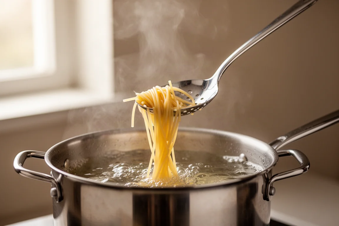 A single strand of spaghetti being lifted from a pot of boiling water with a slotted steel spoon