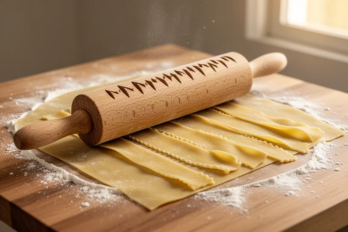 Hands shaping a small tube of fresh pasta dough on a ridged wooden paddle