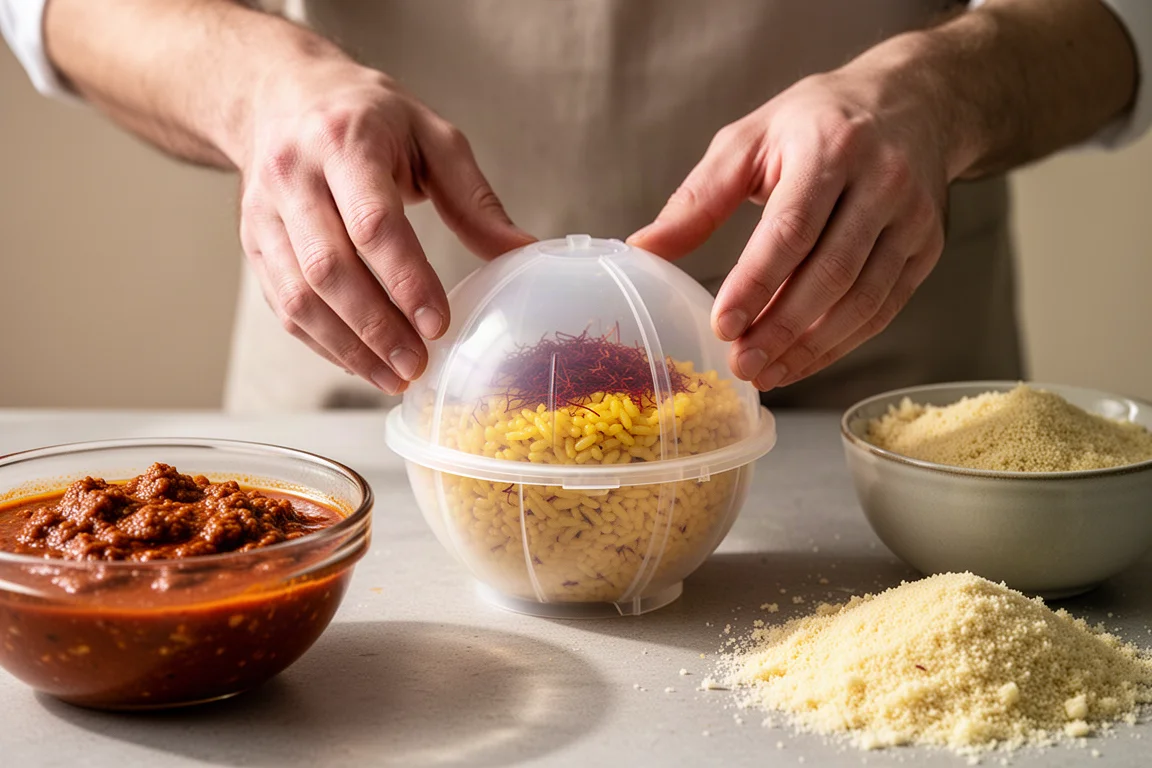 Fresh tagliatelle strips being cut from a pasta sheet with a notched rolling pin