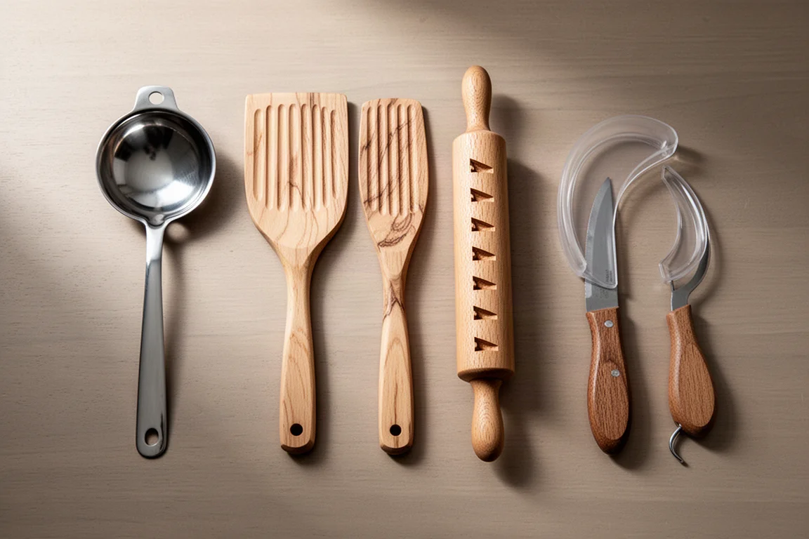 Five Italian kitchen tools including steel spoon, wooden pasta paddles, rolling pin, mould and cheese knives on a worktop