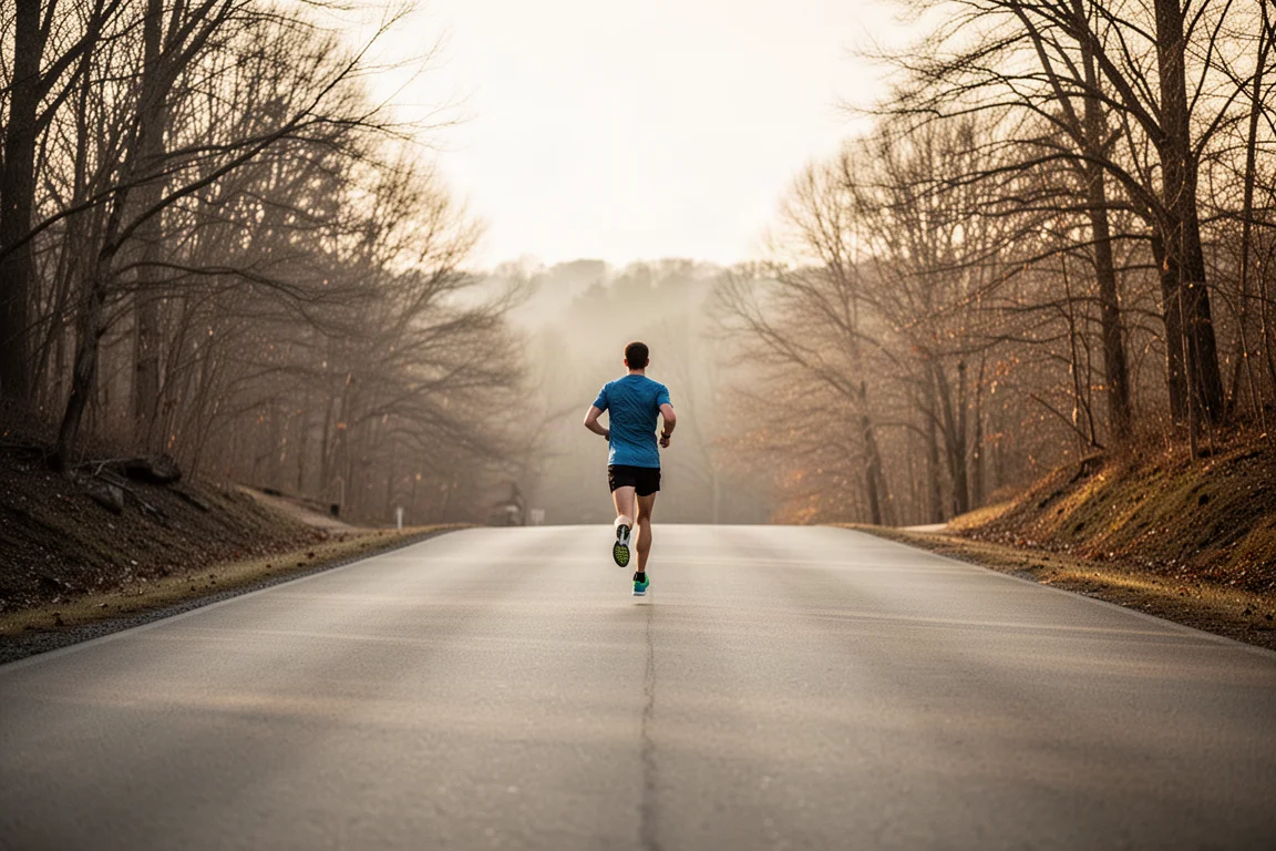 Corredor subiendo una cuesta en una carretera asfaltada con suave luz invernal