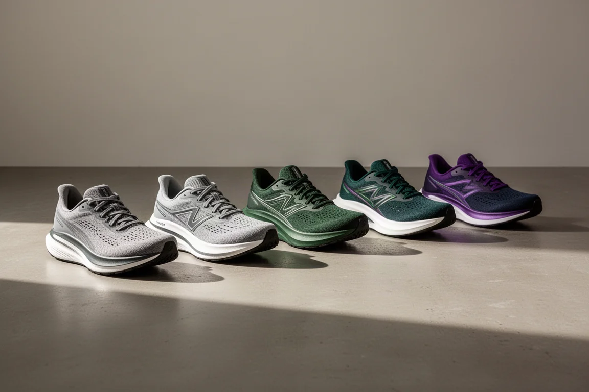 Lineup of seven modern running shoes on a matte concrete floor in soft morning light