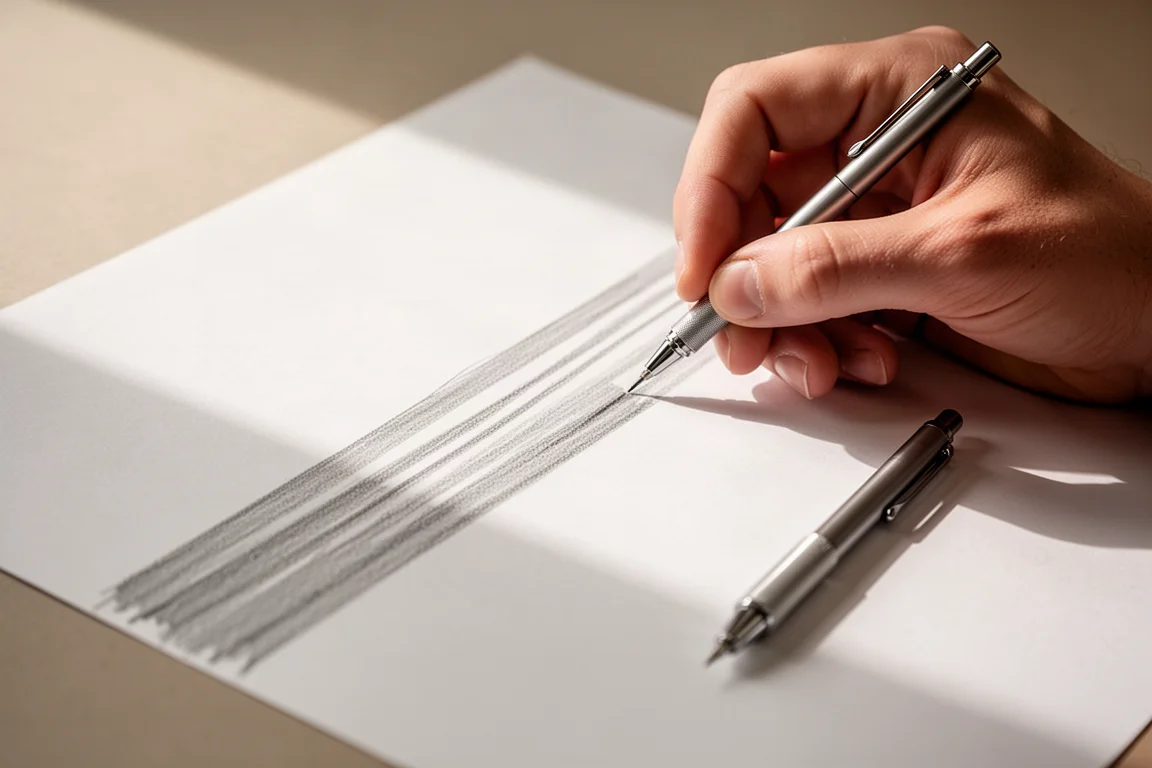 Una mano disegna linee di matita dritte su carta in una luce morbida da scrivania