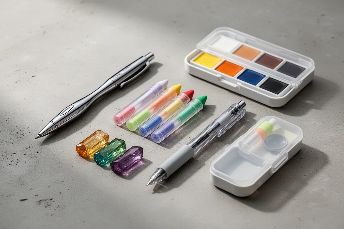 Assortimento di materiali artistici e cancelleria giapponesi disposti su una superficie neutra