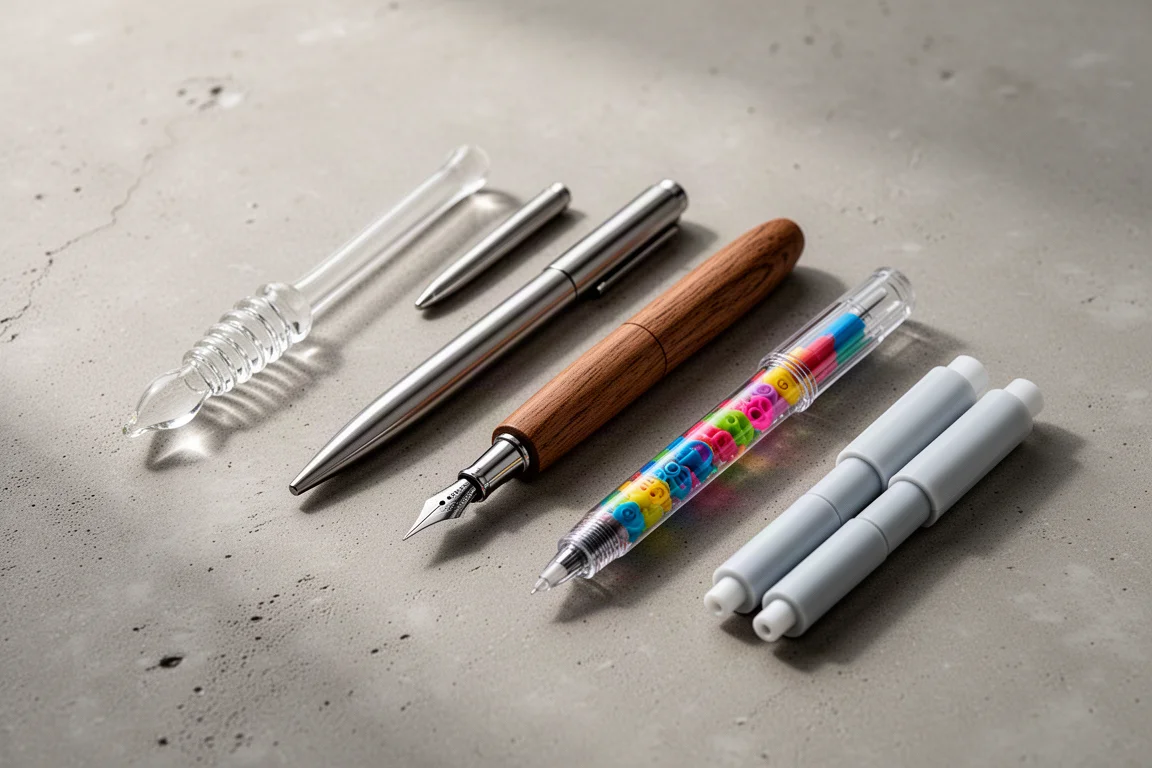Six Japanese pens including a glass dip pen, dip pens with metal nibs, a customizable pen, and twin-tip markers arranged on a concrete surface