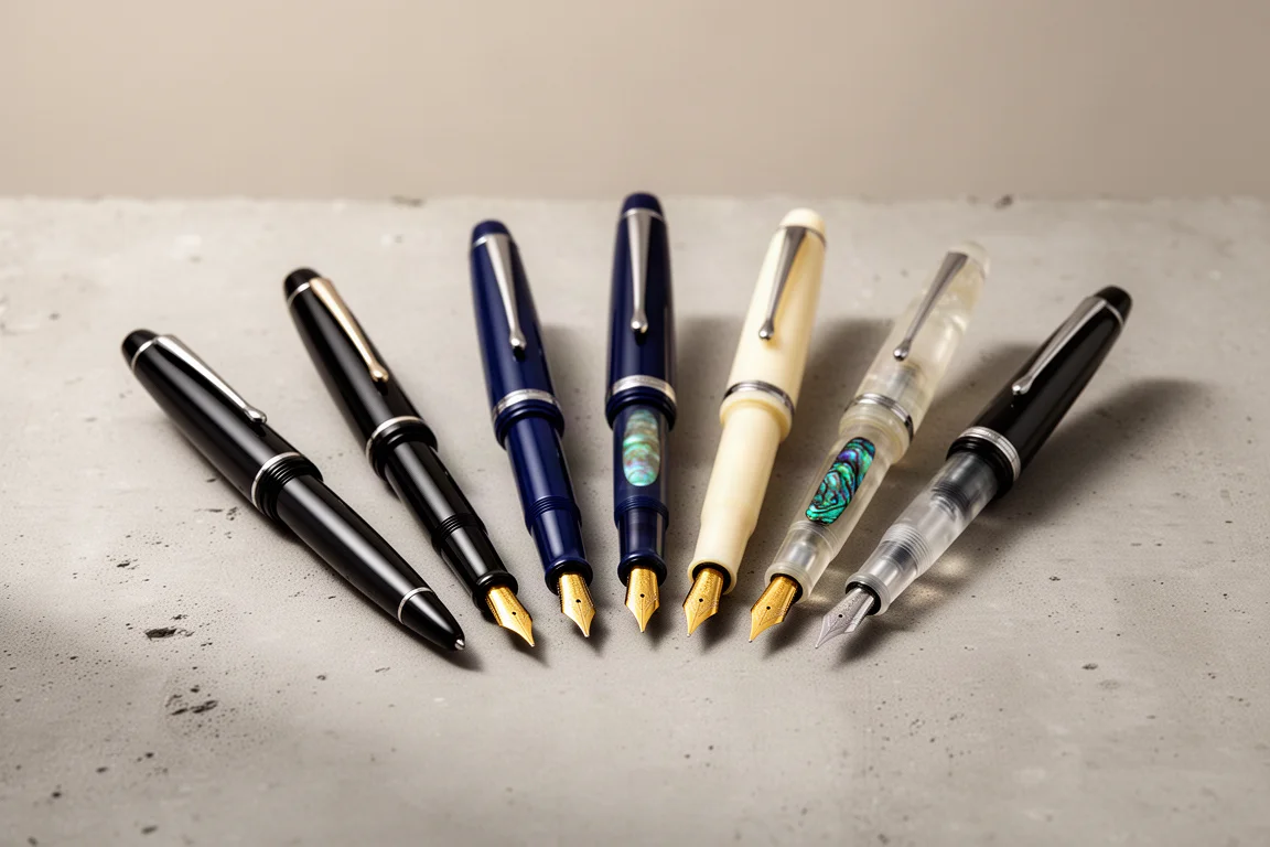 Lineup of nine Japanese fountain pens in varied colors and finishes on a concrete surface