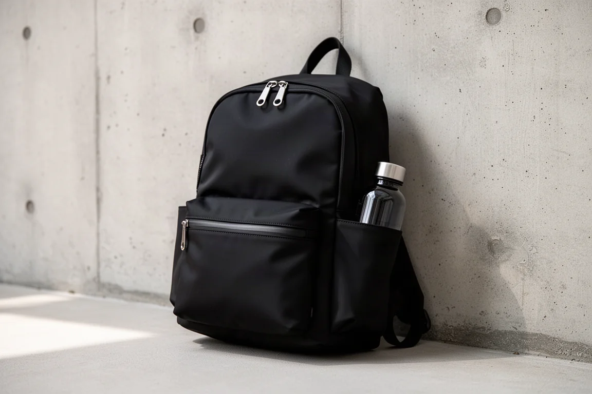 Minimalistyczny czarny plecak daypack oparty o ścianę