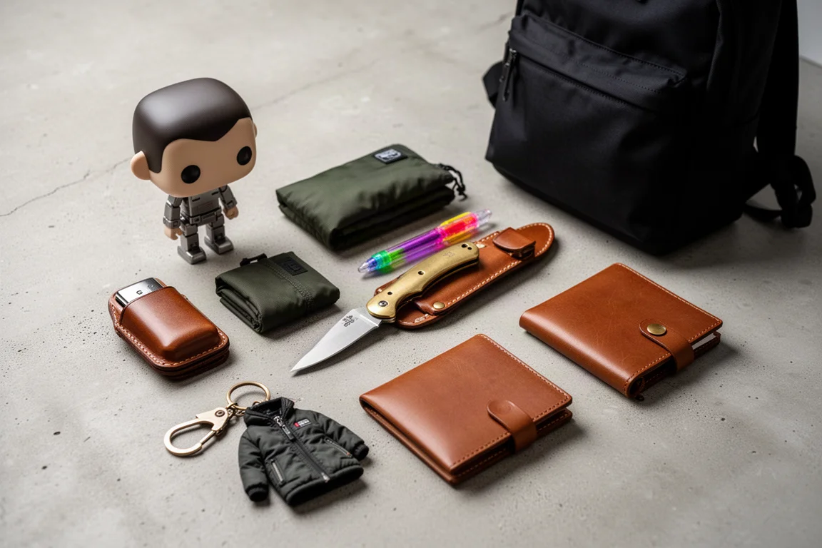 Flat-lay of Japanese gadgets and EDC items on a concrete surface