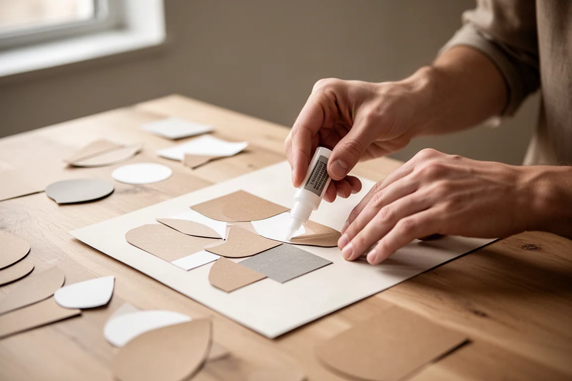 Hände kleben ausgeschnittene Papierstücke in ein Scrapbook-Layout