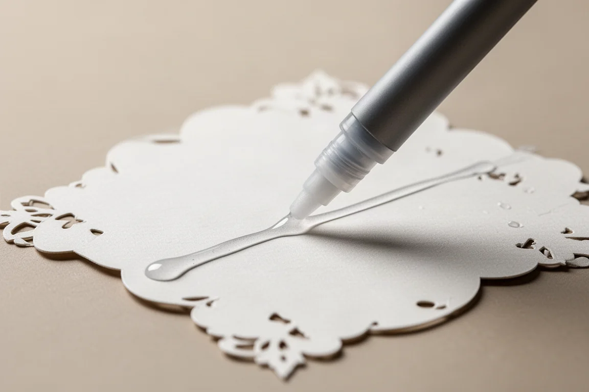 Klebestift zieht eine feine, präzise Linie auf aufwendiges Papierhandwerk