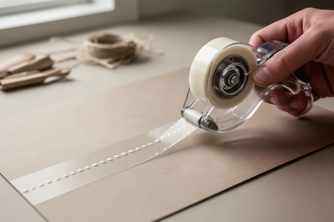 Kleberoller bringt eine gepunktete Klebstofflinie auf Kartonpapier auf