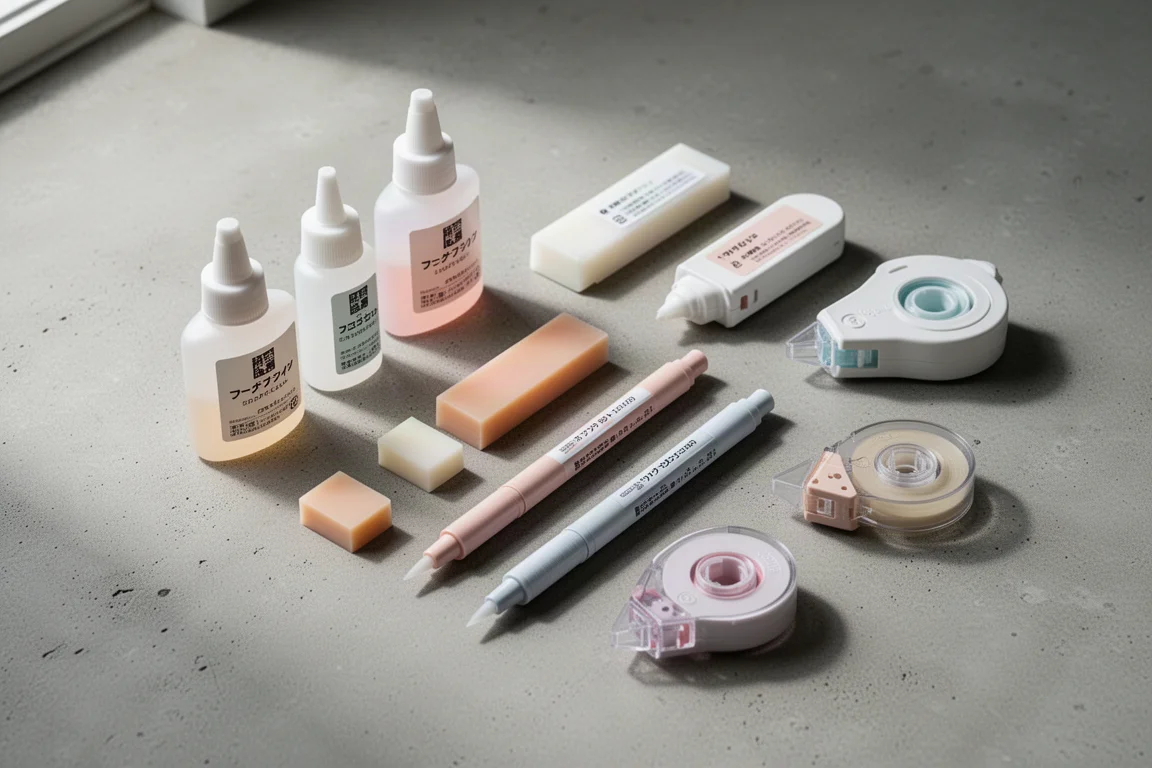 Seven Japanese craft adhesive products arranged on a concrete surface