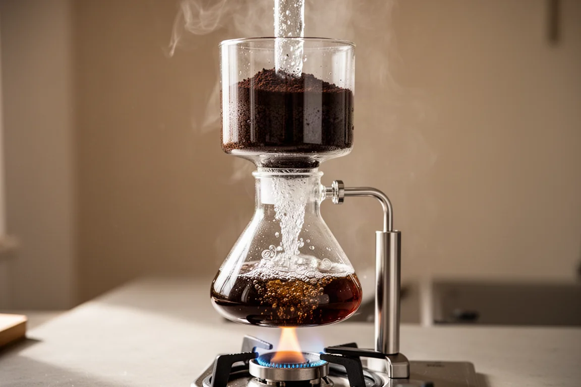 Glass syphon coffee maker mid-brew with water rising into the upper chamber over a small flame