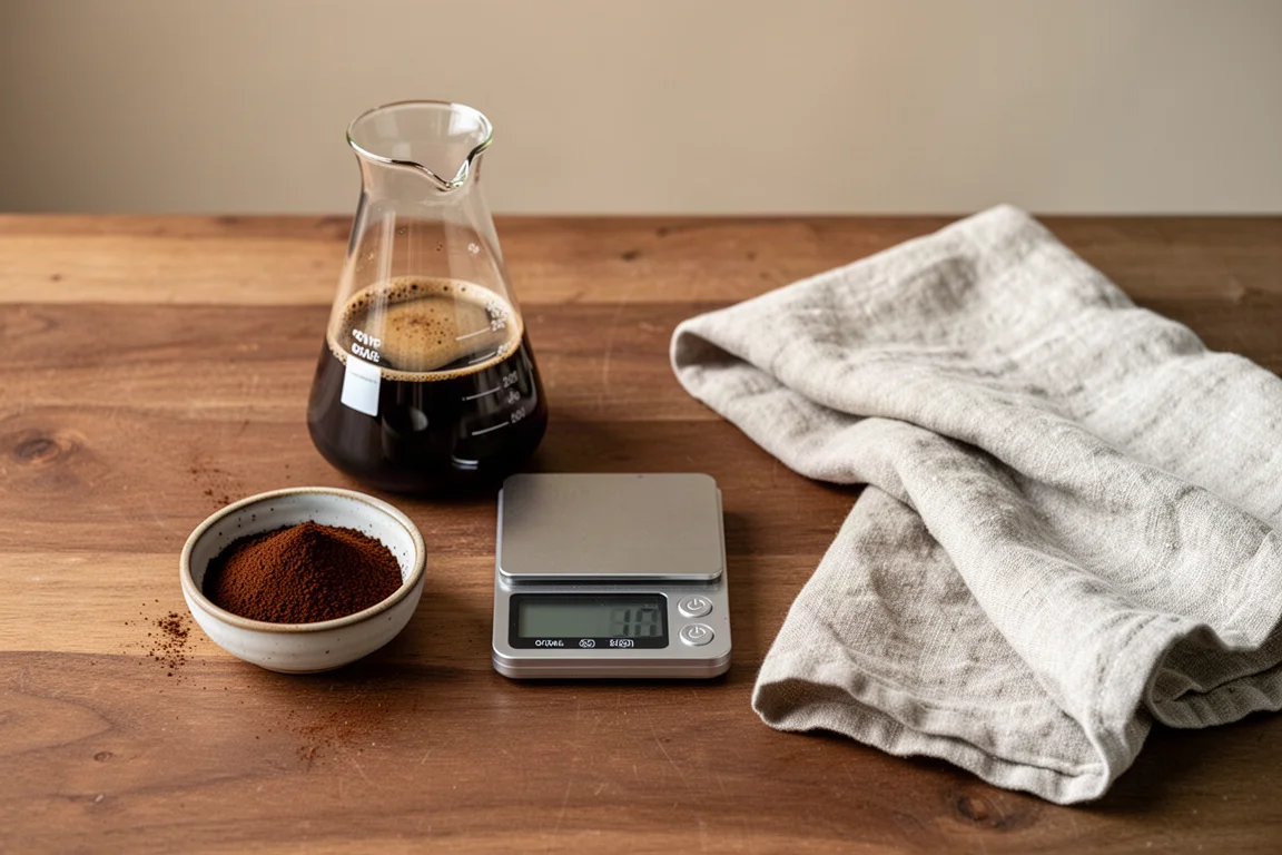 Freshly brewed coffee poured into a conical flask beside small weighing scales and coffee grounds
