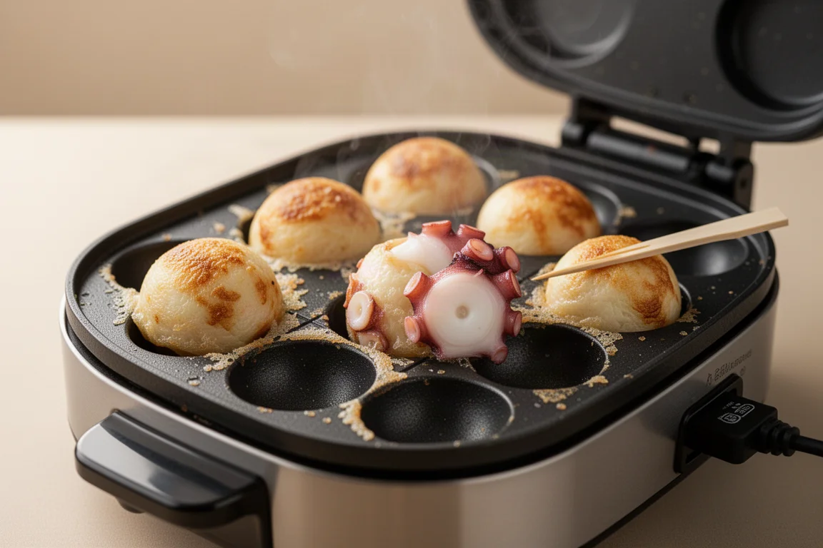 Automatic takoyaki machine with golden octopus balls cooking in its dimpled plate