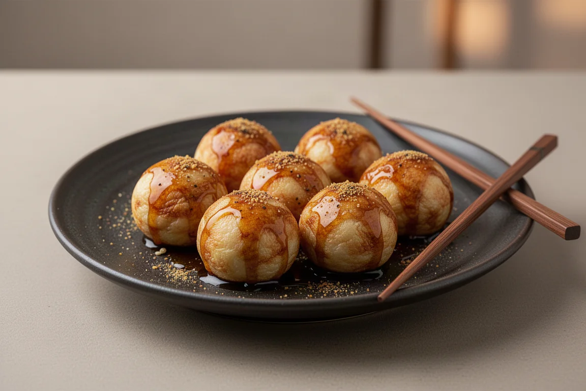 Plate of finished takoyaki balls topped with sauce and seasoning on a dark table
