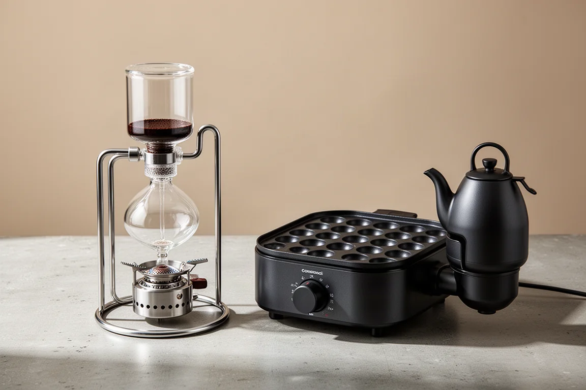 Glass syphon coffee maker and electric takoyaki machine arranged on a concrete surface