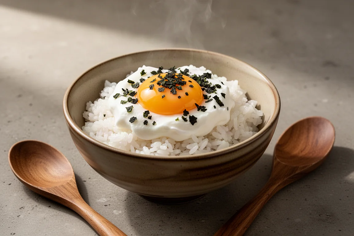 Bowl of steamed rice topped with a raw egg yolk and Furikake seasoning