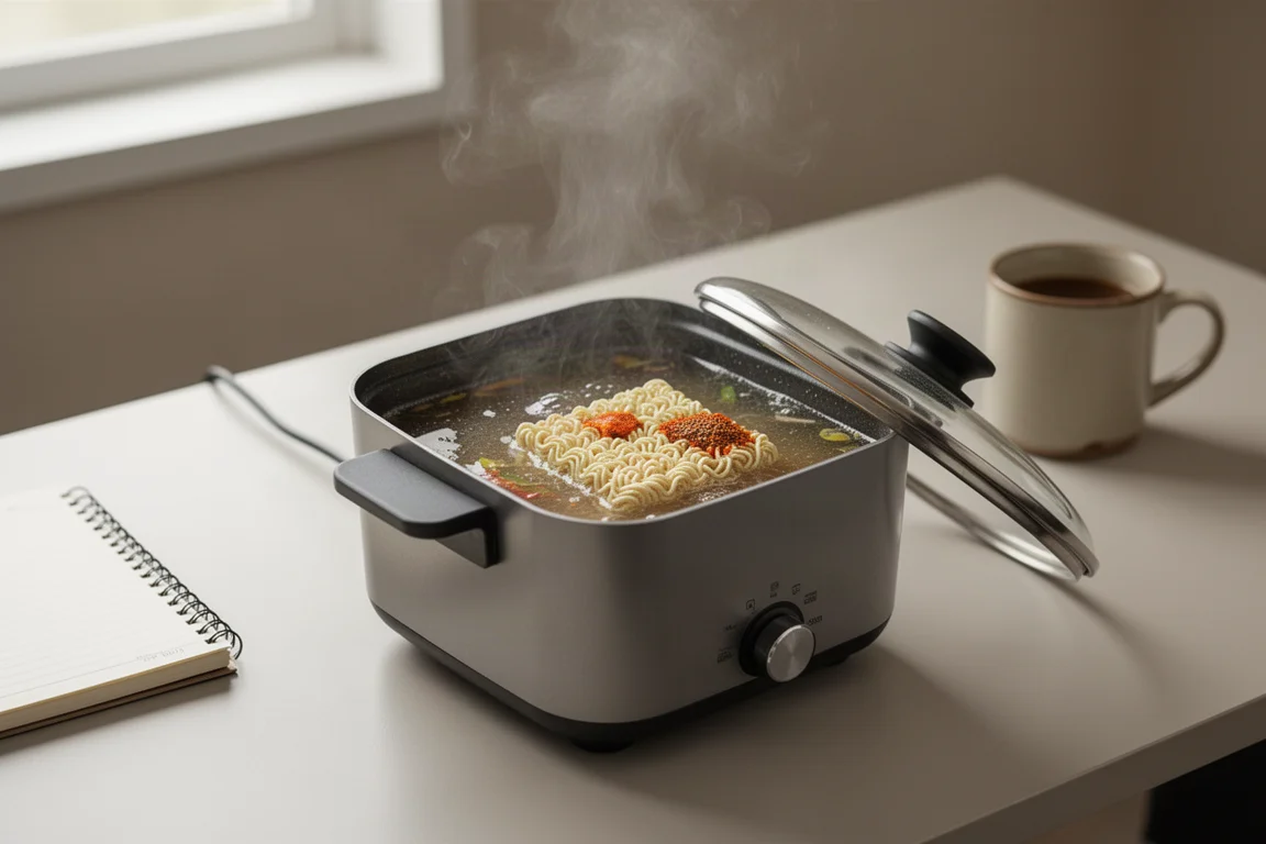 Compact countertop cooker steaming a block of instant ramen noodles