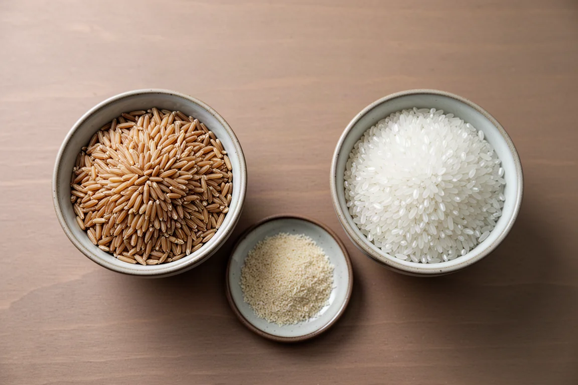 Comparison of brown rice and freshly polished white rice in two bowls