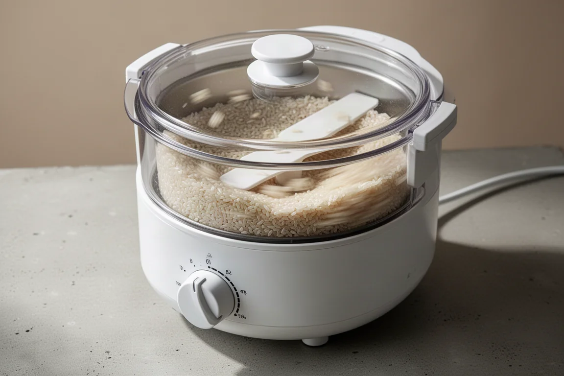 Timer dial and polishing chamber of a compact rice polisher in use