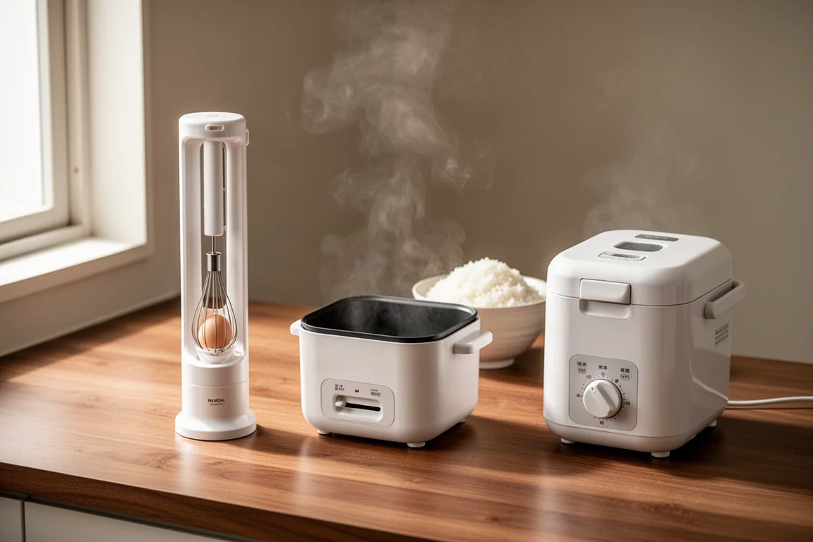 Three compact Japanese kitchen gadgets arranged on a wooden countertop with steam rising nearby