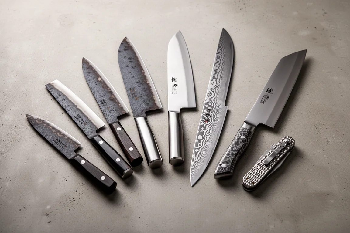 Collezione di otto coltelli da cucina giapponesi tra cui gyuto, santoku, un sujihiki in acciaio Damasco e un coltello pieghevole