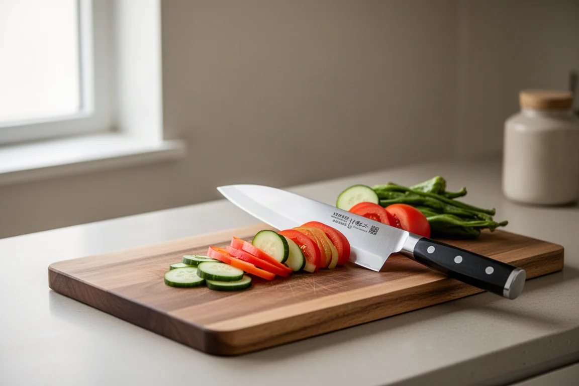 Uno chef affetta verdure su un tagliere di legno in una cucina luminosa