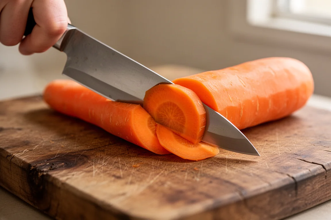 Chef slicing a dense carrot into clean thin pieces on a wooden board