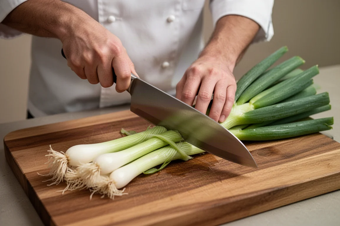 Chef rocking a curved chef knife through green onions on a cutting board