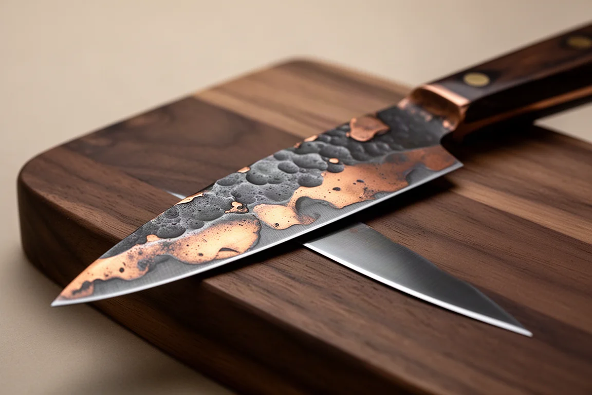 Copper-folded blade with visible texture resting on a dark wooden board
