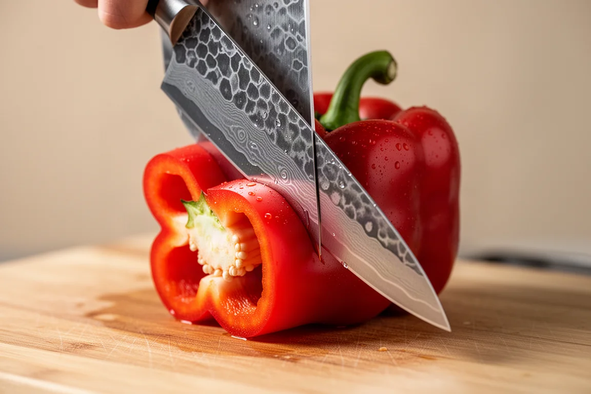 Tall hammered Damascus blade slicing cleanly through a bell pepper