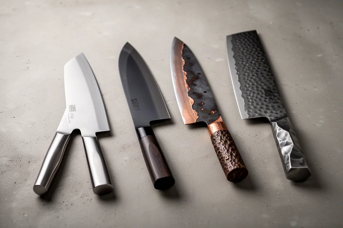 Four Japanese kitchen knives arranged in a row on a concrete surface