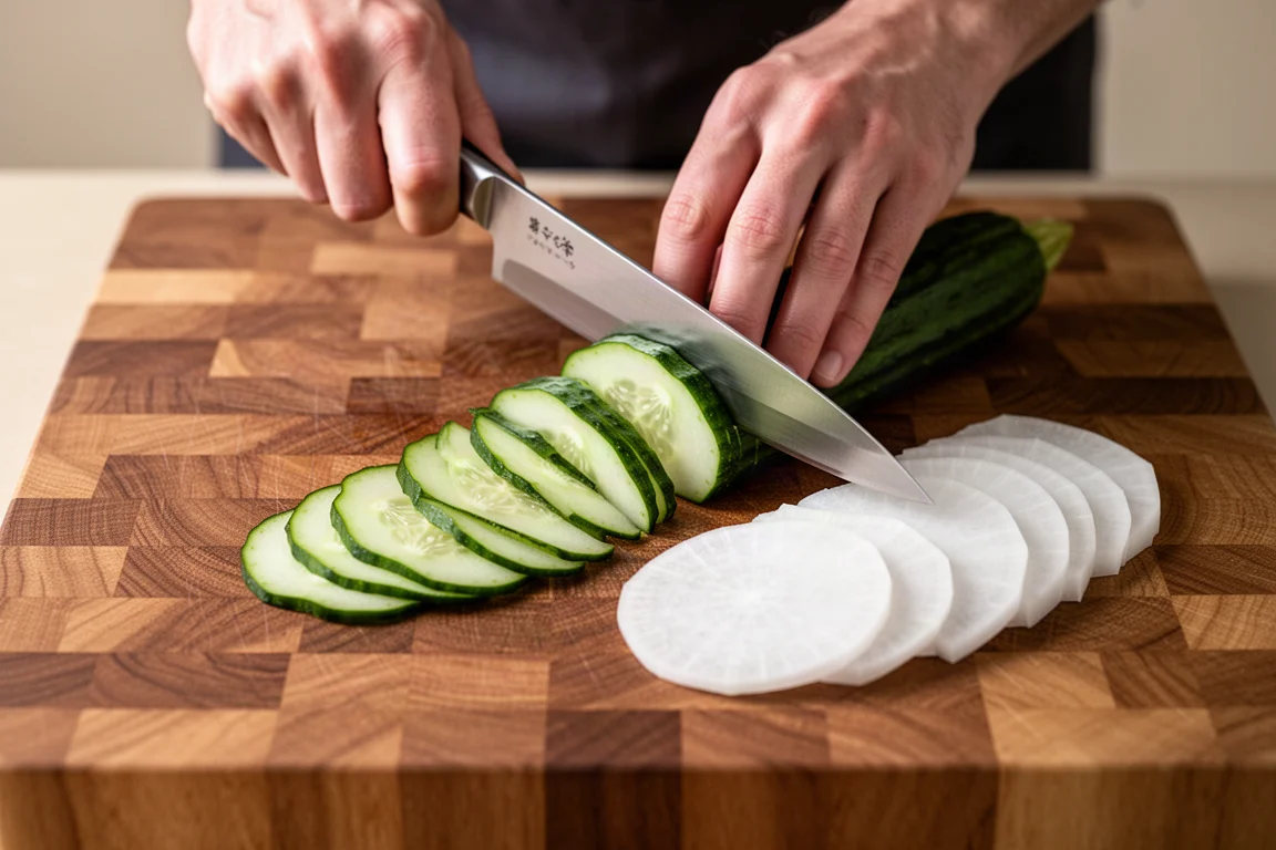 日本の包丁で野菜を正確に薄切りするシェフ