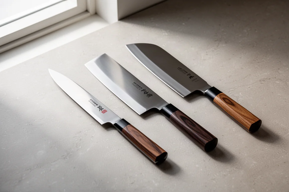 Lineup of Japanese gyuto, nakiri, and santoku knives on a stone surface