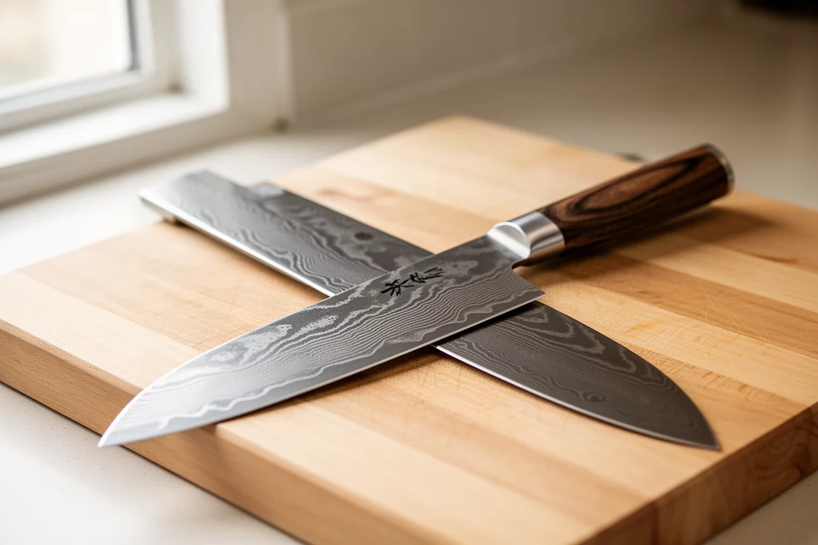 Gros plan d'une lame de santoku à motif Damas posée sur une planche à découper en bois