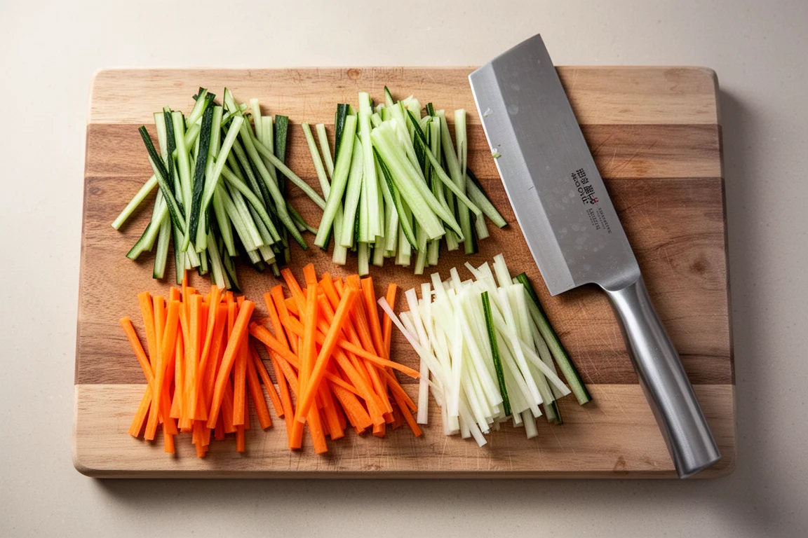 Légumes fraîchement coupés sur une planche à découper à côté d'un couteau nakiri